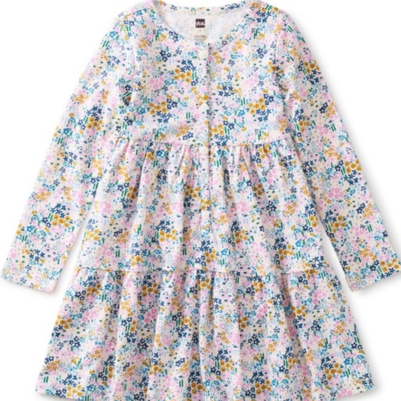 EUC Tea Collection Tiered Henley Long Sleeve Dress in Ditsy Floral Print - Picture 1 of 4